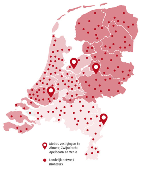 Landkaart met Motrac servicepunten